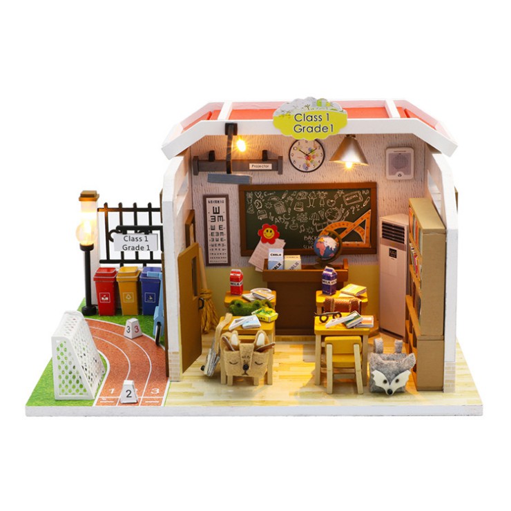 Mô hình nhà DIY Doll House Lớp học Class 1 Kèm Mica chống bụi, Bộ dụng cụ và Keo dán