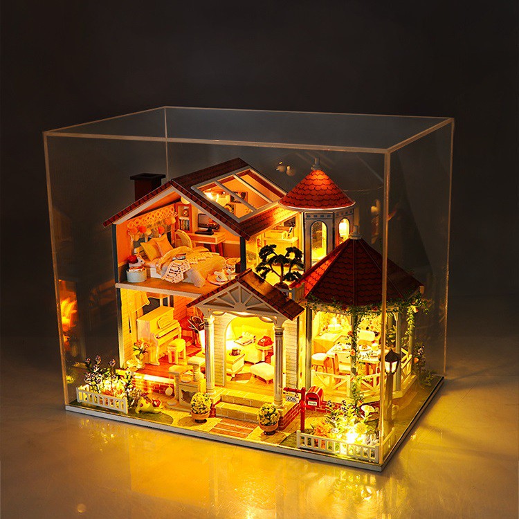 Mô hình nhà DIY Doll House Coloured Glaze Time Kèm Mica Chống bụi, Bộ dụng cụ, Keo dán và Bộ phát nhạc