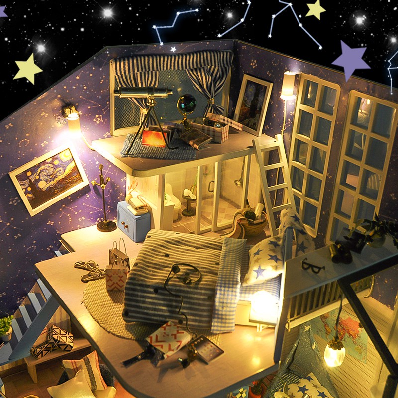 Mô hình nhà DIY Doll House Romantic Little Nightlight Kèm Mica Chống bụi, Bộ dụng cụ và Keo dán