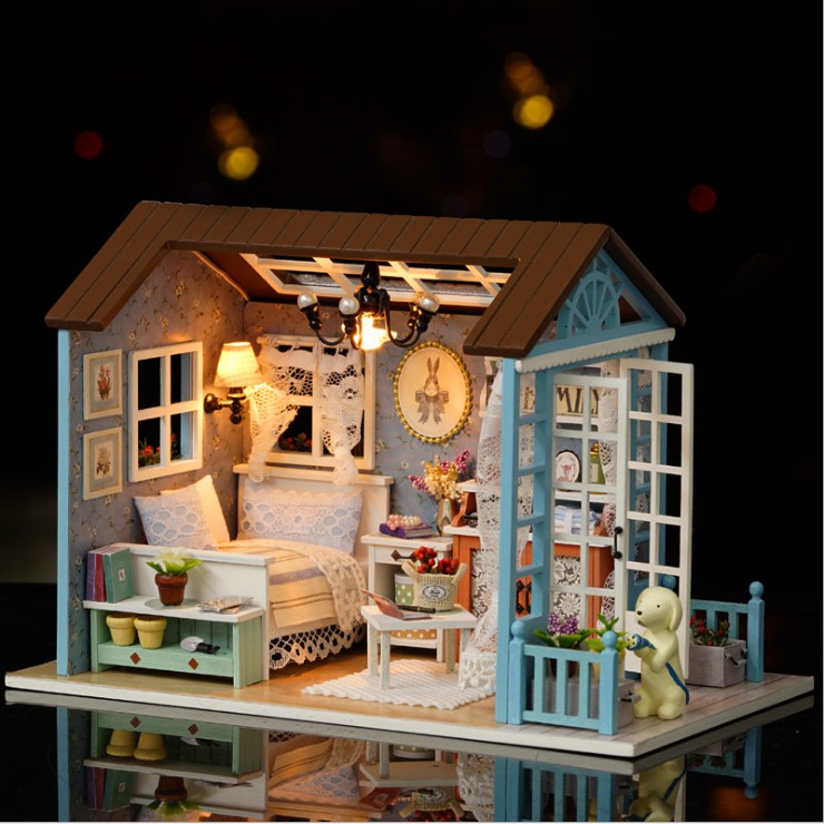Mô hình nhà DIY Doll House American Retro Style Kèm Mica chống bụi, Bộ dụng cụ và Keo dán