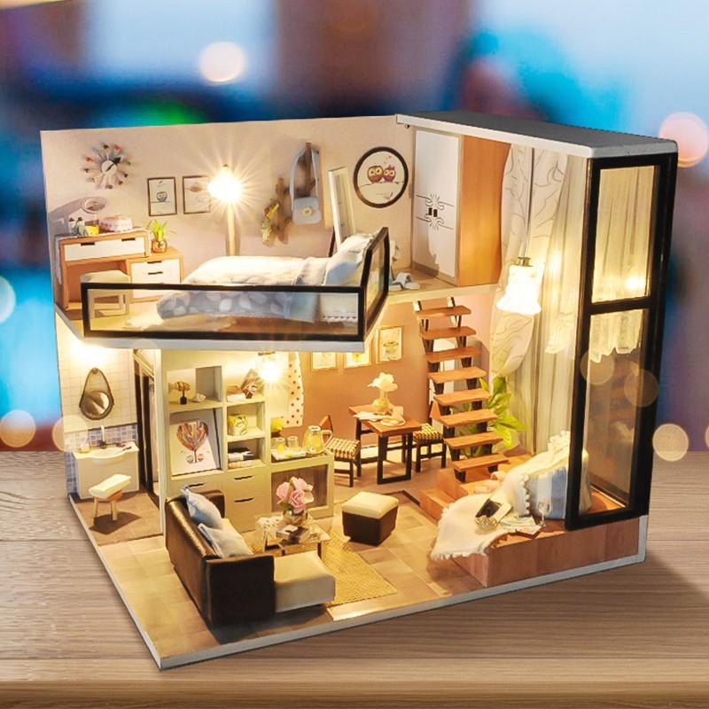 Mô hình nhà DIY Doll House Attic Dream Kèm Mica Chống bụi, Bộ dụng cụ và Keo dán
