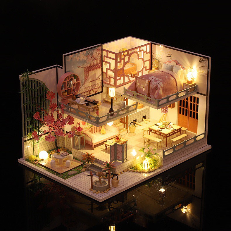 Mô hình nhà DIY Doll House Yaqin Court Kèm Mica Chống bụi, Bộ dụng cụ và Keo dán