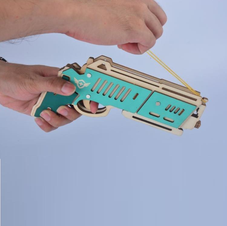 Đồ chơi lắp ghép gỗ 3D Mô hình Chuyển động Súng Bắn thun Rubber Band