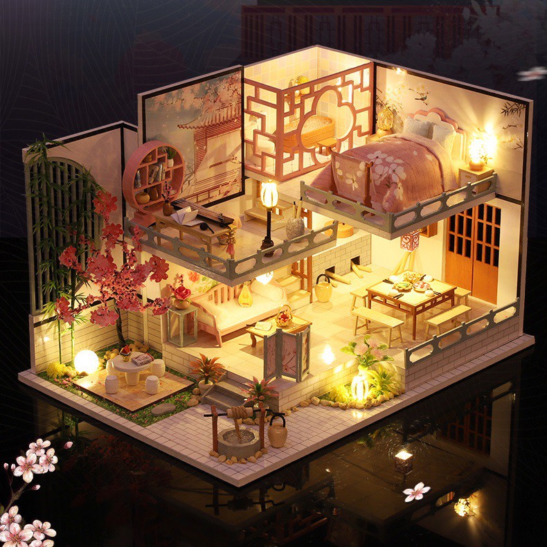 Mô hình nhà DIY Doll House Yaqin Court Kèm Mica Chống bụi, Bộ dụng cụ và Keo dán