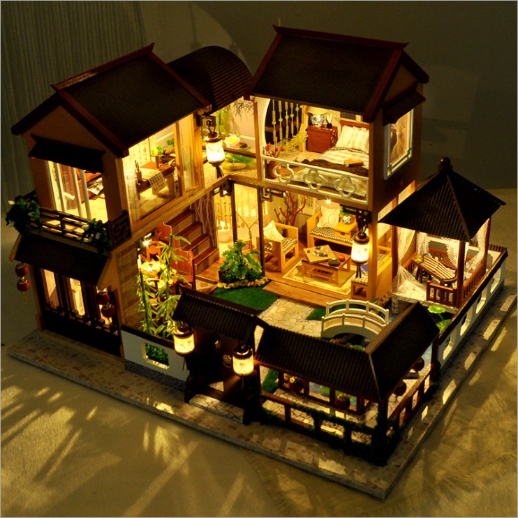 Mô hình nhà DIY Doll House Lotus Pond Moonlight Kèm Mica Chống bụi, Bộ dụng cụ, Keo dán và Bộ phát nhạc