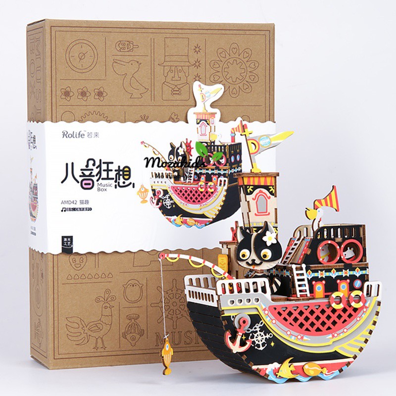 [BẢN XUẤT KHẨU TIẾNG ANH] Mô hình Hộp nhạc Con mèo Vui Vẻ - Fishing Kitty Music Box Robotime