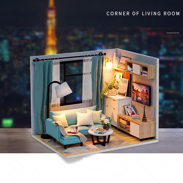 Mô hình nhà DIY Doll House Corner of Living Room Kèm MICA chống bụi, Bộ dụng cụ và Keo dán