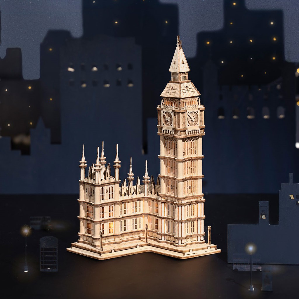 Đồ chơi lắp ráp gỗ 3D Mô hình Tháp đồng hồ Robotime Big Ben Tower TG507 Kèm đèn LED