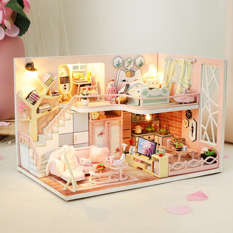 Mô hình nhà DIY Doll House Flower Story Kèm Mica Chống bụi, Bộ dụng cụ và Keo dán