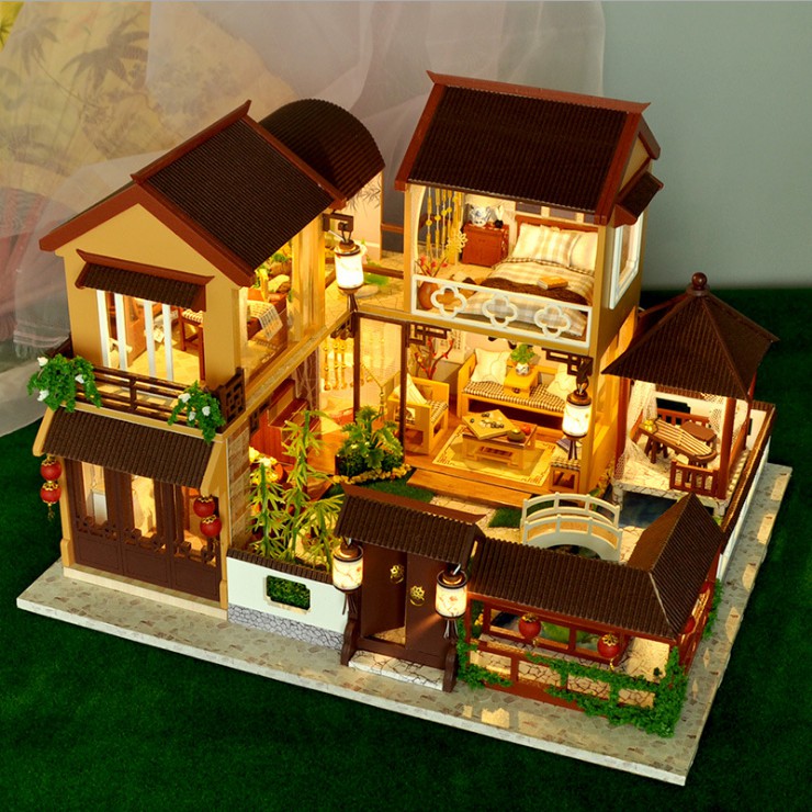 Mô hình nhà DIY Doll House Lotus Pond Moonlight Kèm Mica Chống bụi, Bộ dụng cụ, Keo dán và Bộ phát nhạc