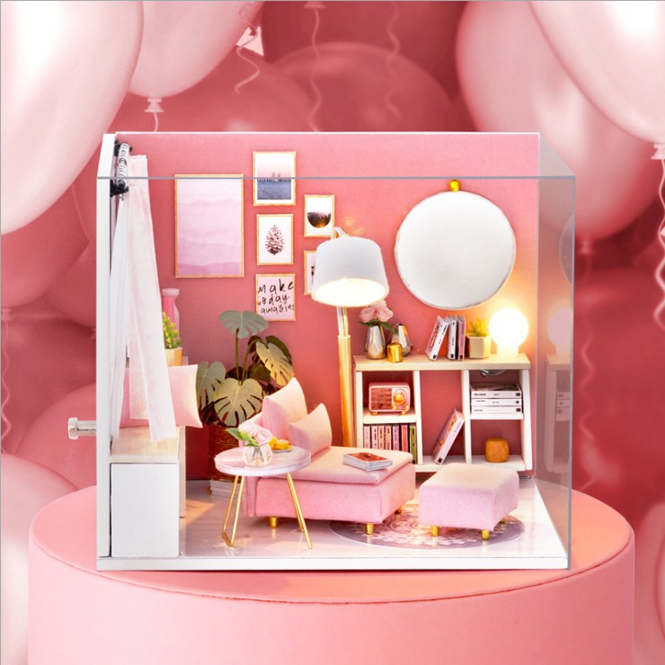 Mô hình nhà DIY Doll Happy Time Kèm Mica chống bụi, Bộ dụng cụ và Keo dán