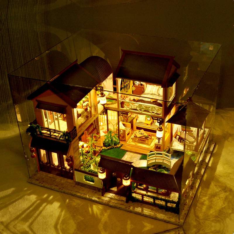 Mô hình nhà DIY Doll House Lotus Pond Moonlight Kèm Mica Chống bụi, Bộ dụng cụ, Keo dán và Bộ phát nhạc