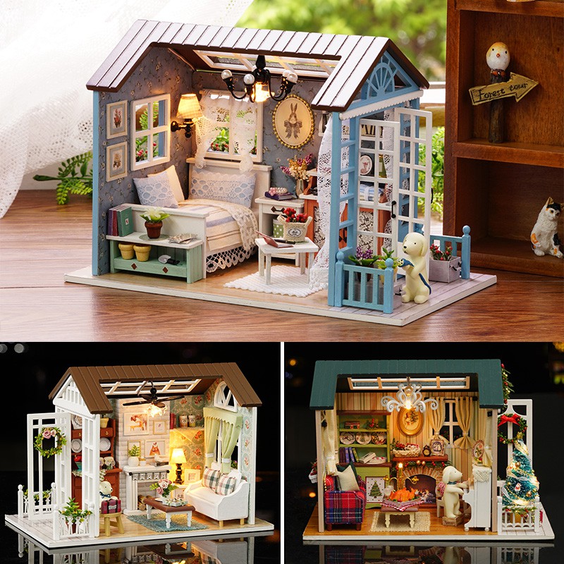 Mô hình nhà DIY Doll House American Retro Style Kèm Mica chống bụi, Bộ dụng cụ và Keo dán