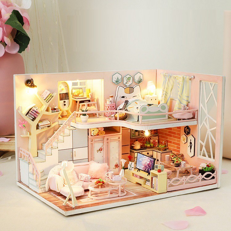 Mô hình nhà DIY Doll House Flower Story Kèm Mica Chống bụi, Bộ dụng cụ và Keo dán