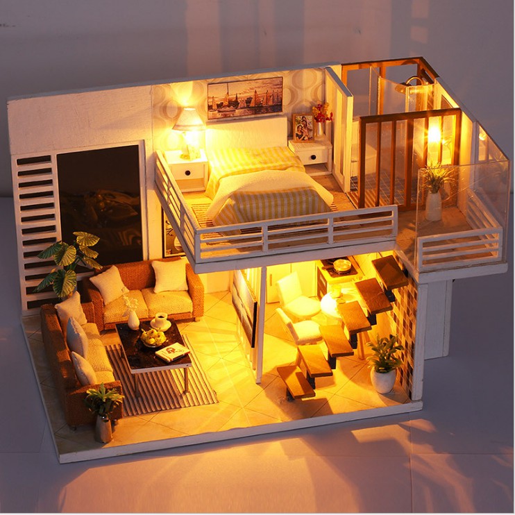 Mô hình nhà DIY Doll House Simple and Elegan Kèm Mica chống bụi, Bộ dụng cụ và Keo dán