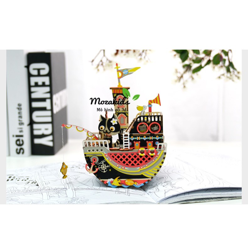 [BẢN XUẤT KHẨU TIẾNG ANH] Mô hình Hộp nhạc Con mèo Vui Vẻ - Fishing Kitty Music Box Robotime