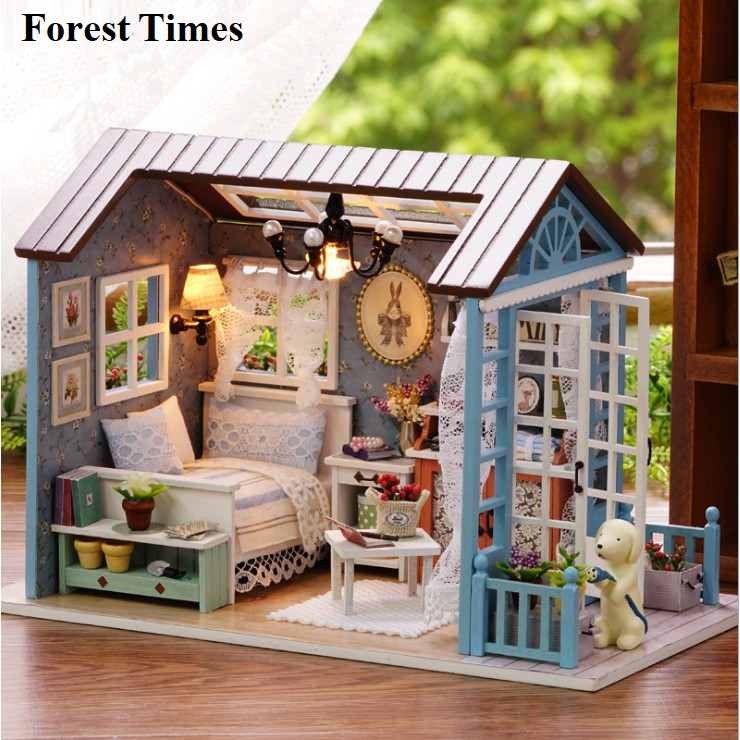 Mô hình nhà DIY Doll House American Retro Style Kèm Mica chống bụi, Bộ dụng cụ và Keo dán