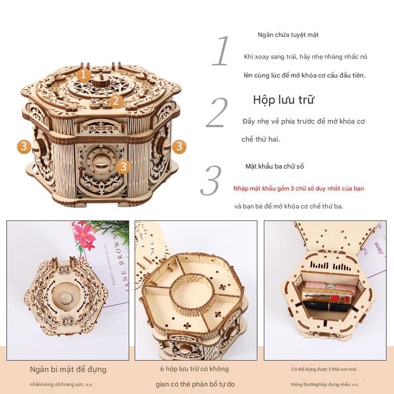 Mô hình Cơ động học Hộp nhạc Đựng Trang sức Cổ điển Retro Password Jewelry Music Box Uguter