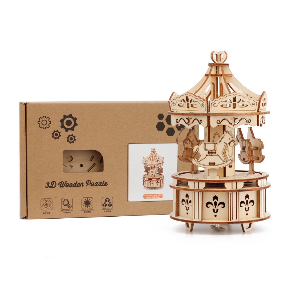 Đồ chơi lắp ghép gỗ 3D Mô hình Hộp nhạc Vòng Quay Ngựa Gỗ Carousel Music Box H1402