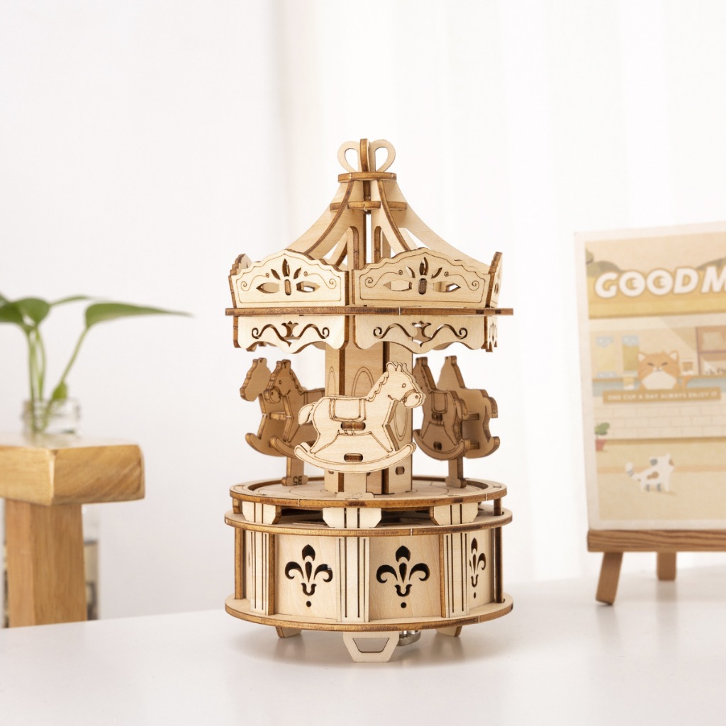 Đồ chơi lắp ghép gỗ 3D Mô hình Hộp nhạc Vòng Quay Ngựa Gỗ Carousel Music Box H1402