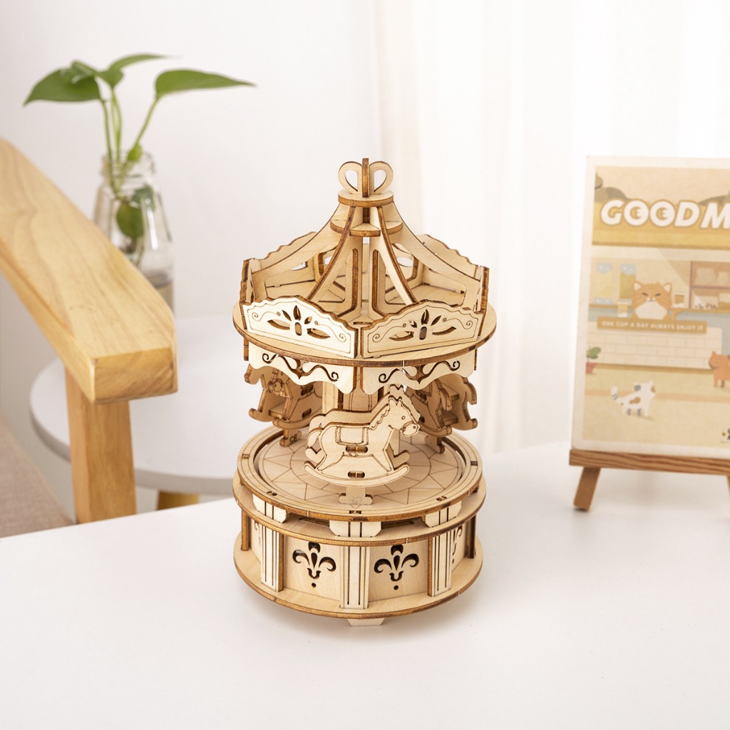 Đồ chơi lắp ghép gỗ 3D Mô hình Hộp nhạc Vòng Quay Ngựa Gỗ Carousel Music Box H1402