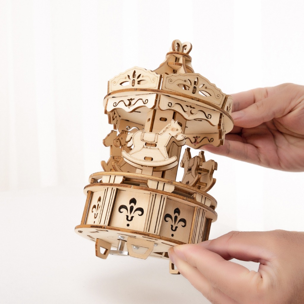 Đồ chơi lắp ghép gỗ 3D Mô hình Hộp nhạc Vòng Quay Ngựa Gỗ Carousel Music Box H1402