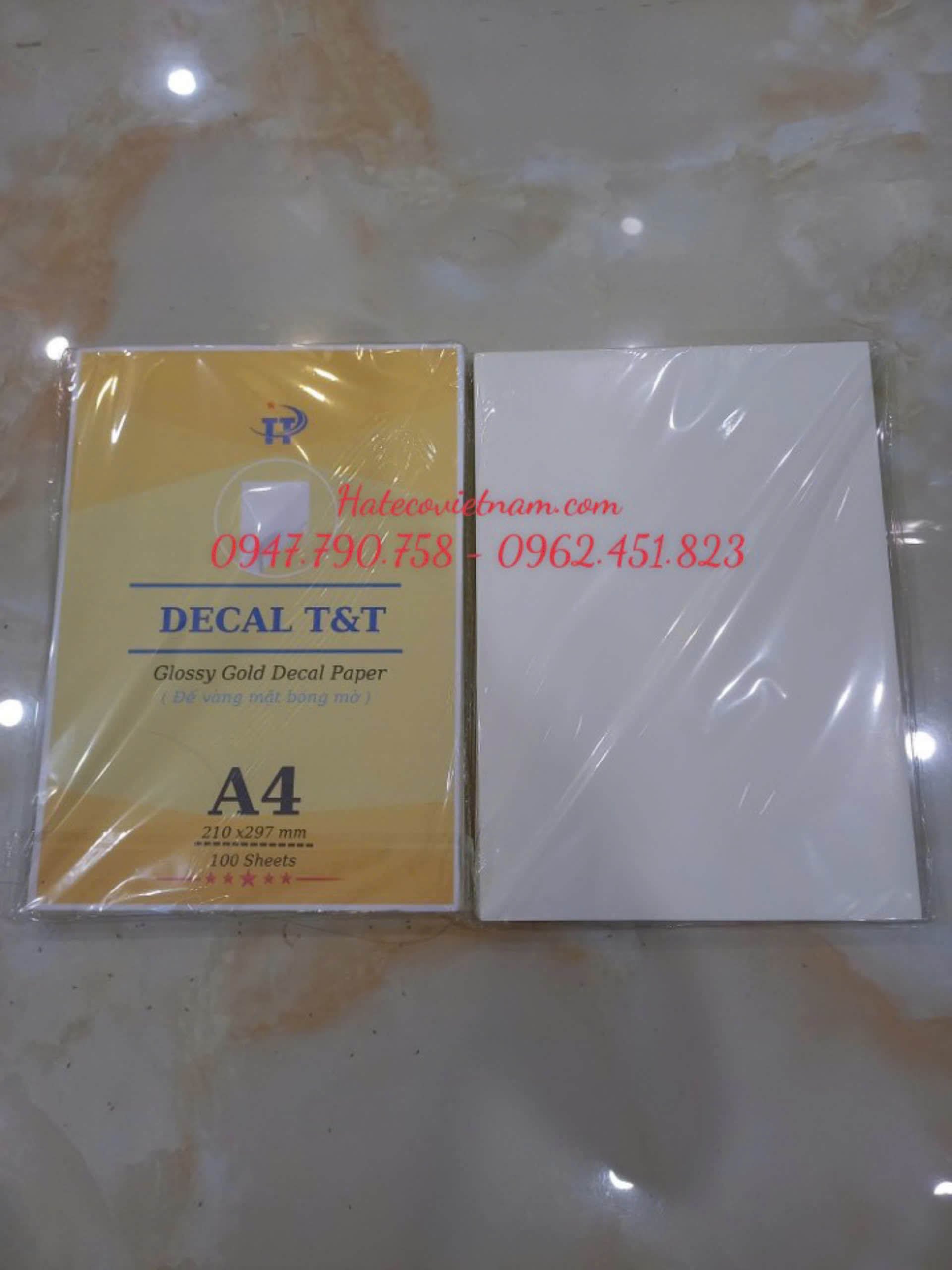 GIẤY DECAN/ ĐỀ CAN A4 ĐẾ VÀNG - GIẤY DECAL THÁI - GIẤY DECAN (TẬP 100 TỜ)
