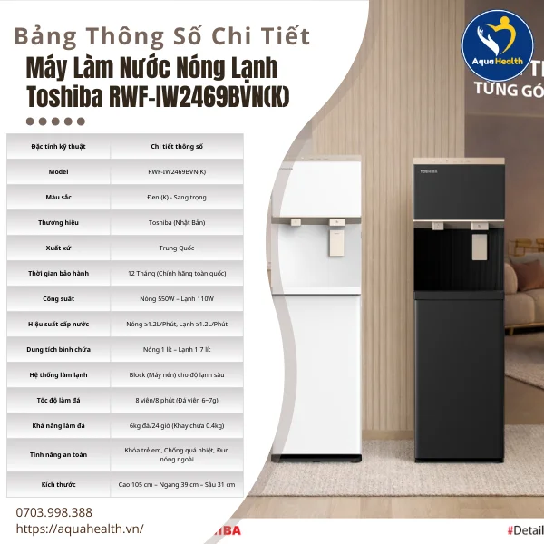 Bảng Thông Số Chi Tiết Máy Làm Nước Nóng Lạnh Toshiba RWF-IW2469BVN(K)