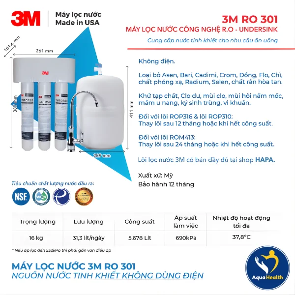 Các thông số kỹ thuật của máy lọc nước 3M Aqua-Pure RO301