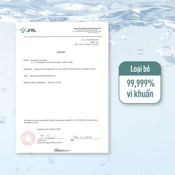 Panasonic TK-CJ300 loại bỏ đến hơn 99.999% vi khuẩn