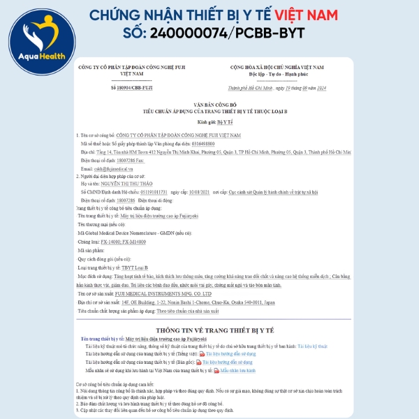 Chứng nhận y tế cho máy điện trường cao áp Fujiiryoki FX-M14000