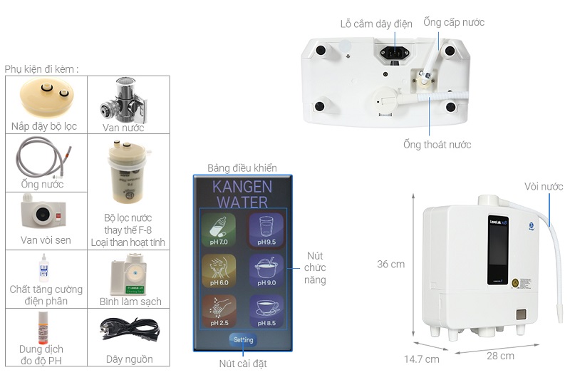 Kích thước máy điện giải Kangen Leveluk K8