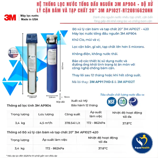 Thông số kỹ thuật của bộ lõi lọc nước 3M Aqua-Pure AP917HD-S