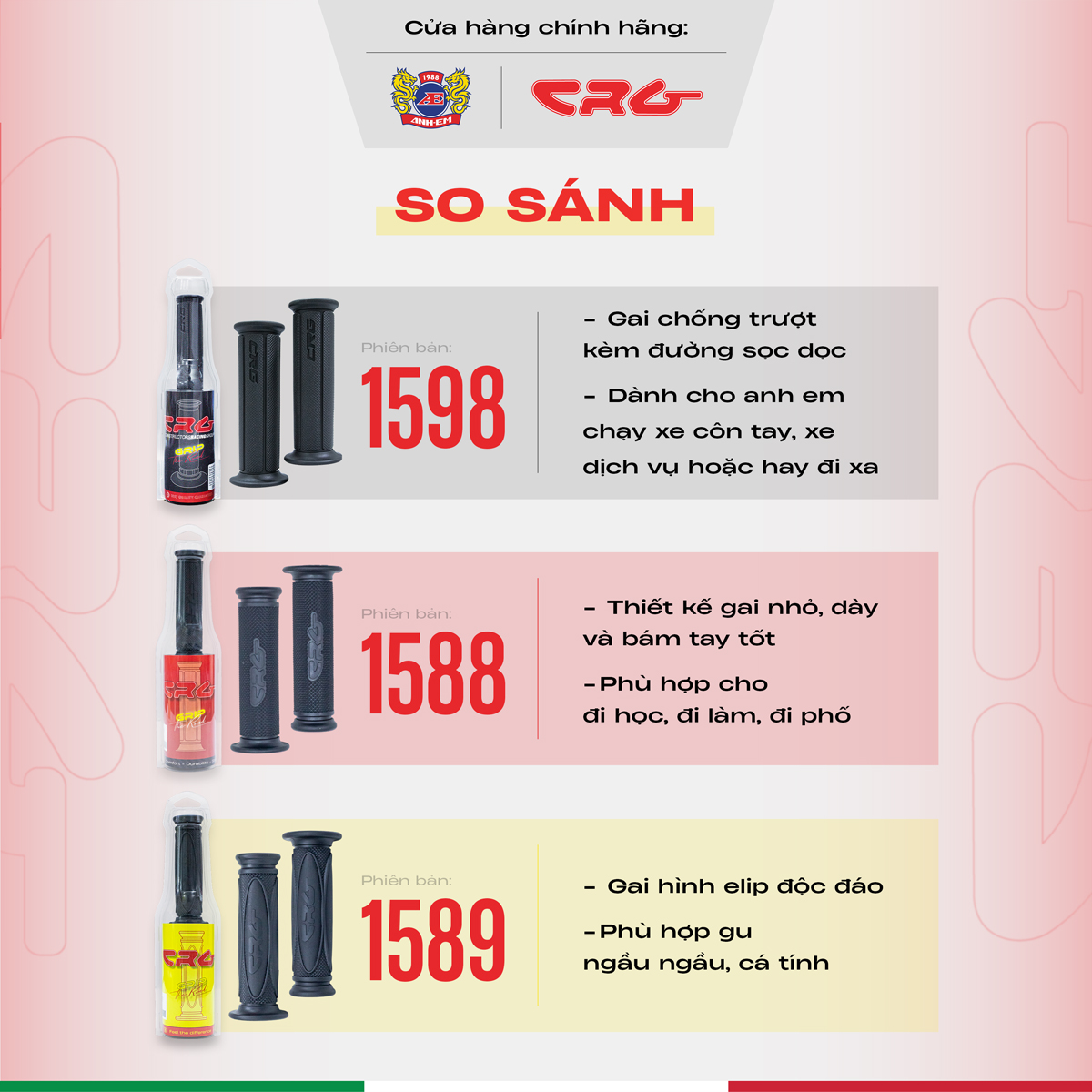 Bao tay xe máy Êm Mượt Nhẹ Nhàng CRG 1588 Gai Nhỏ Mịn (Cặp) Đen