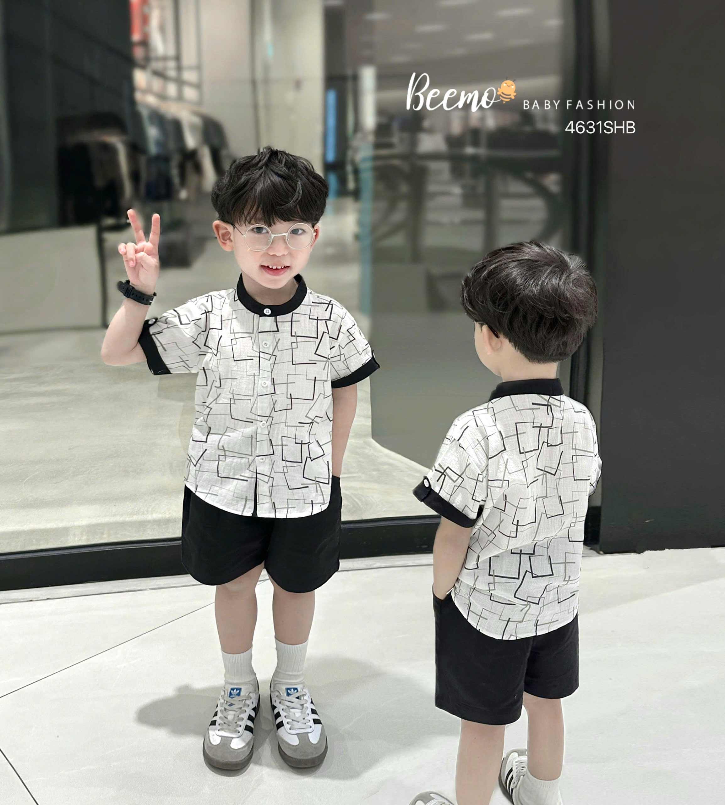 BEEMO - SET SƠ MI CỔ TÀU ĐŨI XƯỚC IN HỌA TIẾT THOÁNG MÁT & SÀNH ĐIỆU CHO BÉ TRAI