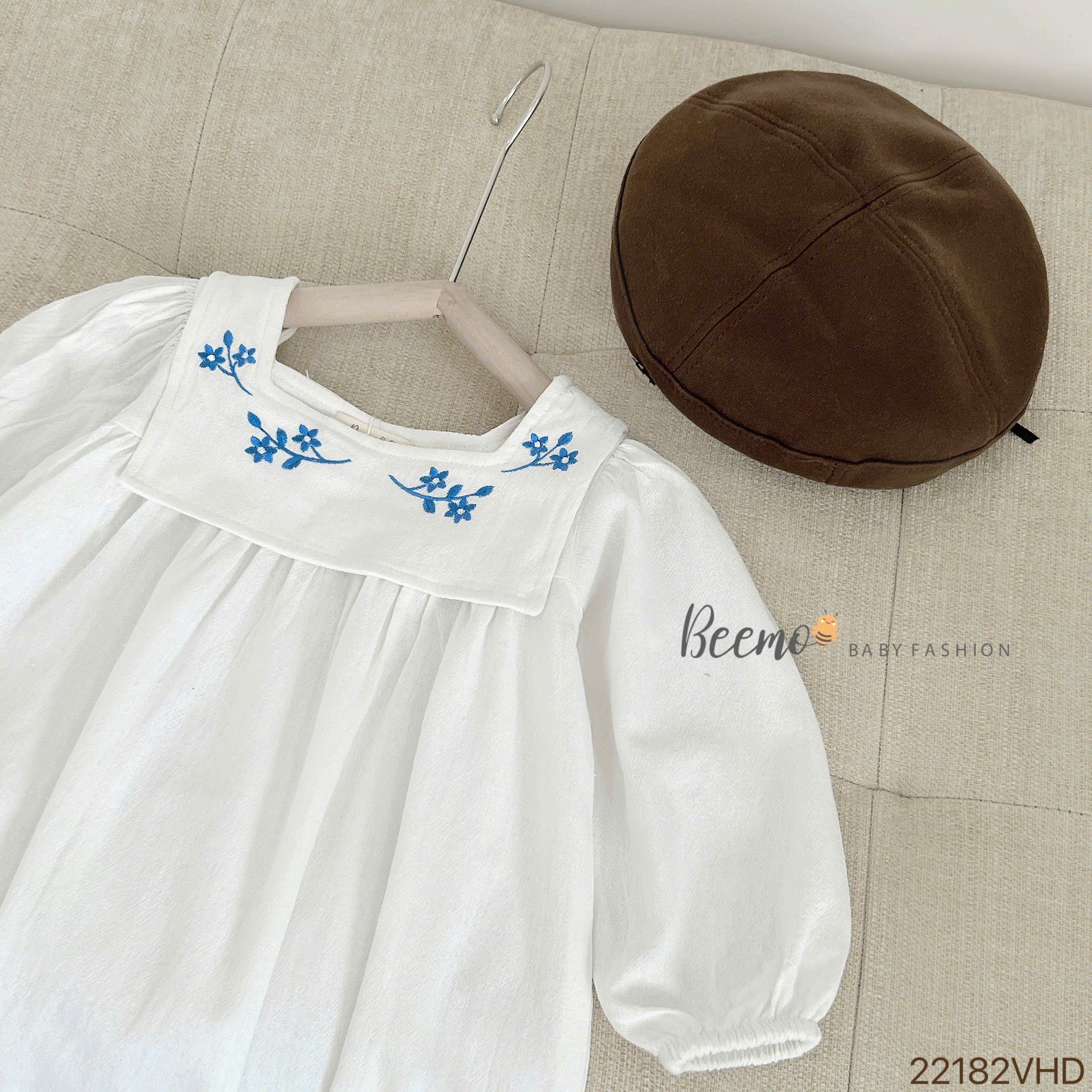 BEEMO_VÁY BABYDOLL TRẮNG THÊU HOA NGỰC CHO BÉ GÁI