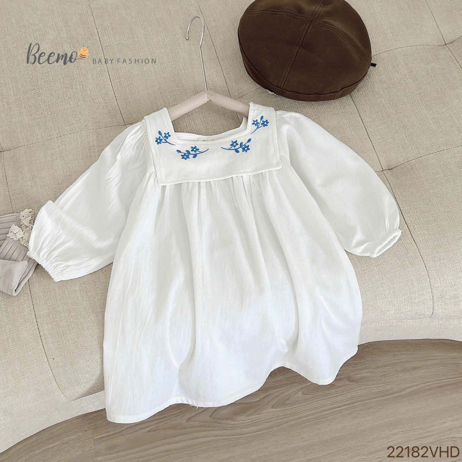 BEEMO_VÁY BABYDOLL TRẮNG THÊU HOA NGỰC CHO BÉ GÁI