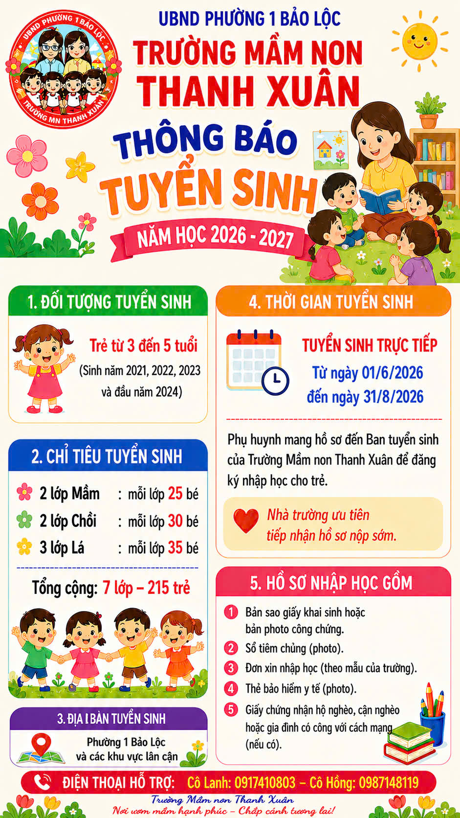 TRƯỜNG MẦM NON THANH XUÂN THÔNG BÁO TUYỂN SINH NĂM HỌC 2026-2027
