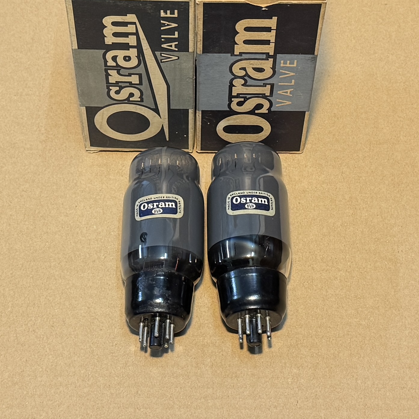 Pair of Osram KT66 Gray Glass - Black Base Valves / Tubes New Old Stock