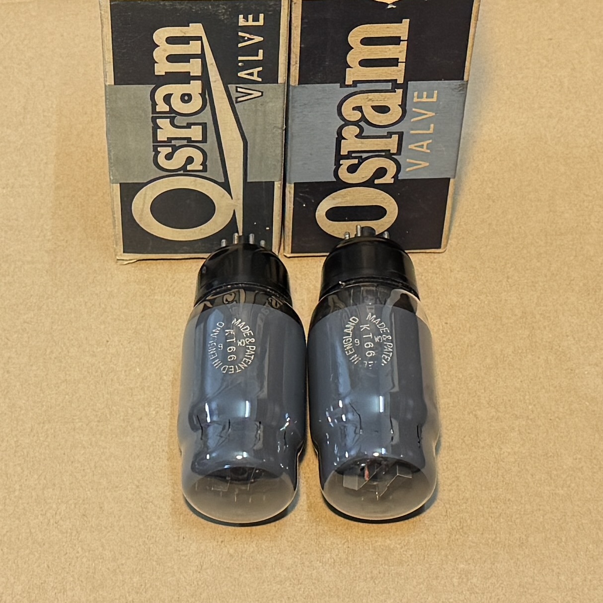Pair of Osram KT66 Gray Glass - Black Base Valves / Tubes New Old Stock