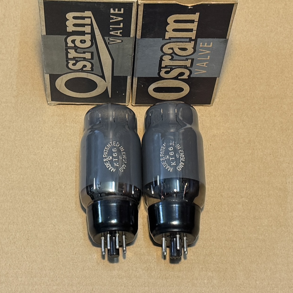 Pair of Osram KT66 Gray Glass - Black Base Valves / Tubes New Old Stock