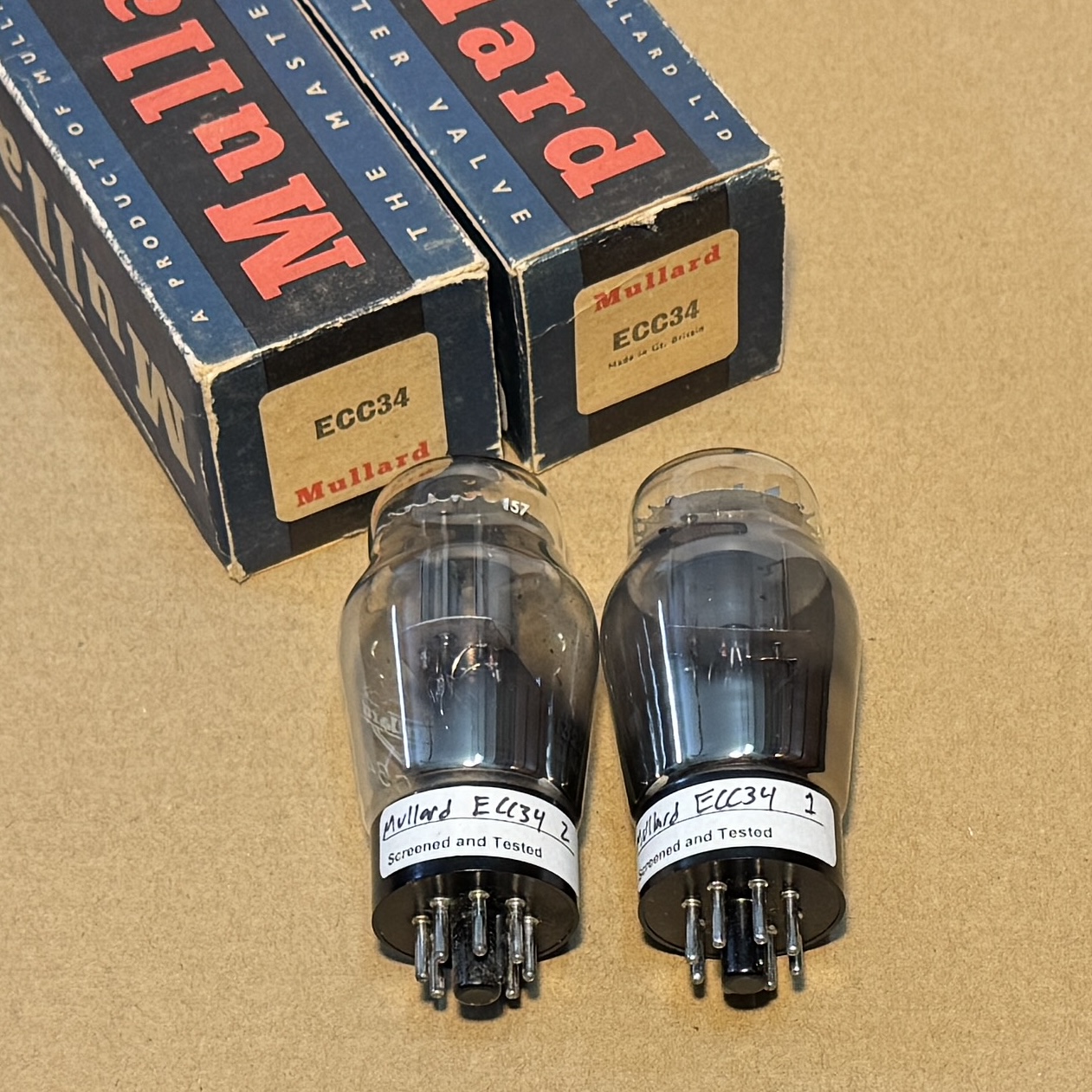 2Pc Mullard ECC34 6SN7G Gray Plate Black Base D / Getter Valve Tube Avo Test Strong