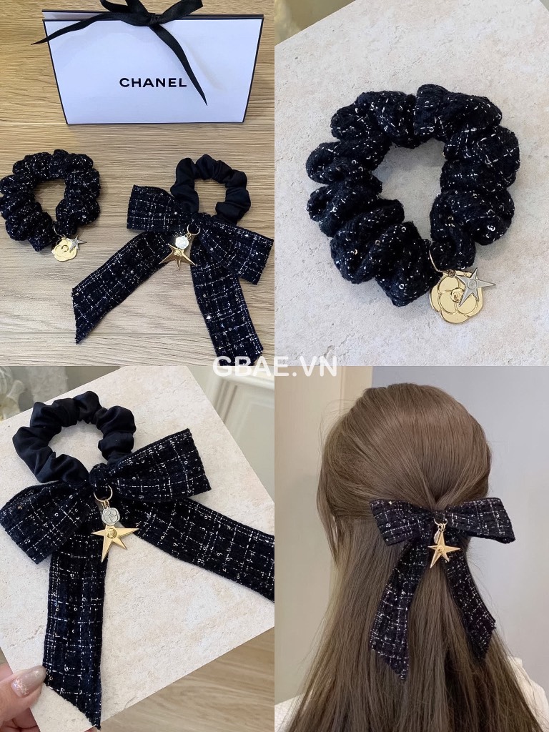 Set Cột Tóc Gift CHANEL Tweed Xanh Hoa Trà Kèm Túi Giấy Hãng