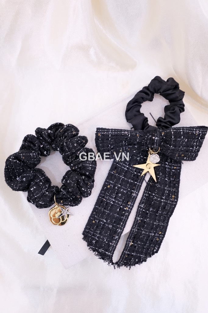Set Cột Tóc Gift CHANEL Tweed Xanh Hoa Trà Kèm Túi Giấy Hãng