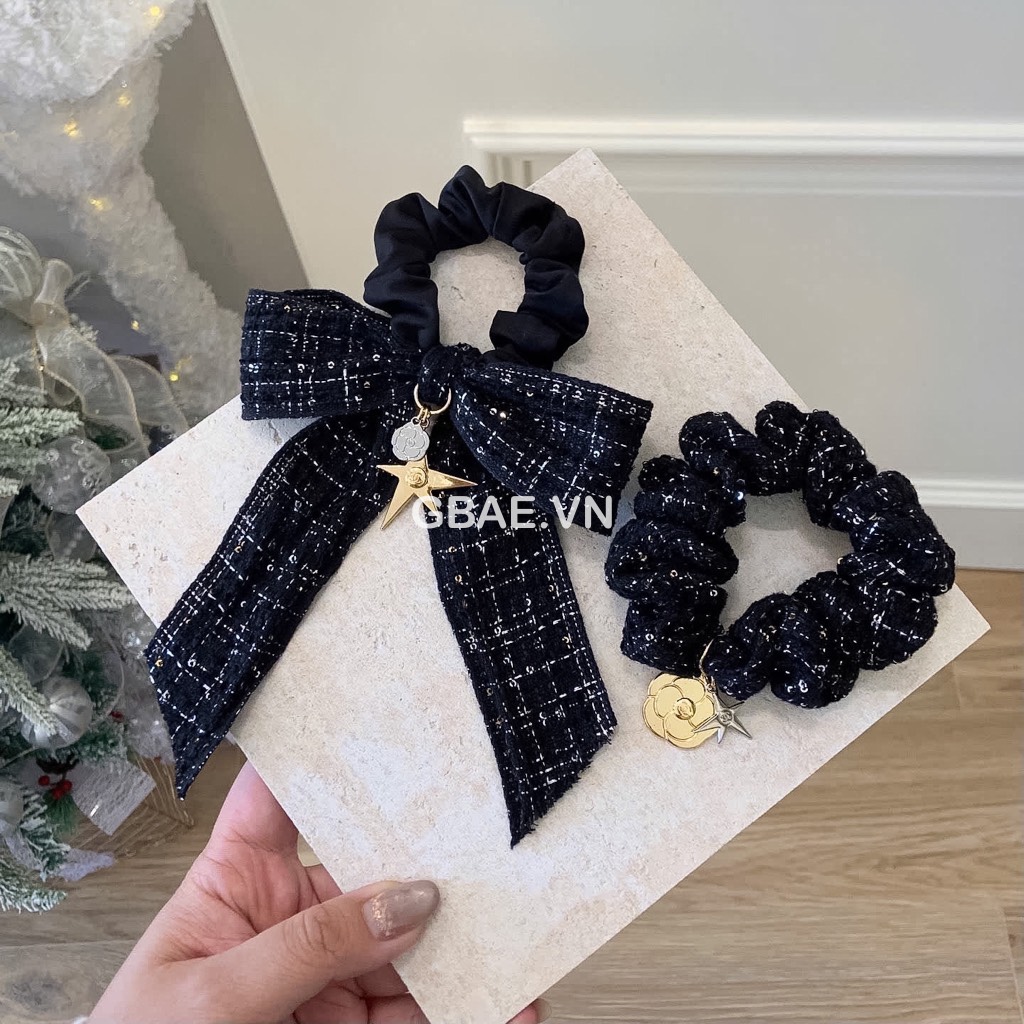 Set Cột Tóc Gift CHANEL Tweed Xanh Hoa Trà Kèm Túi Giấy Hãng