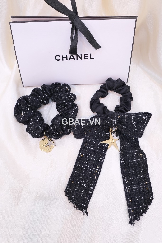 Set Cột Tóc Gift CHANEL Tweed Xanh Hoa Trà Kèm Túi Giấy Hãng