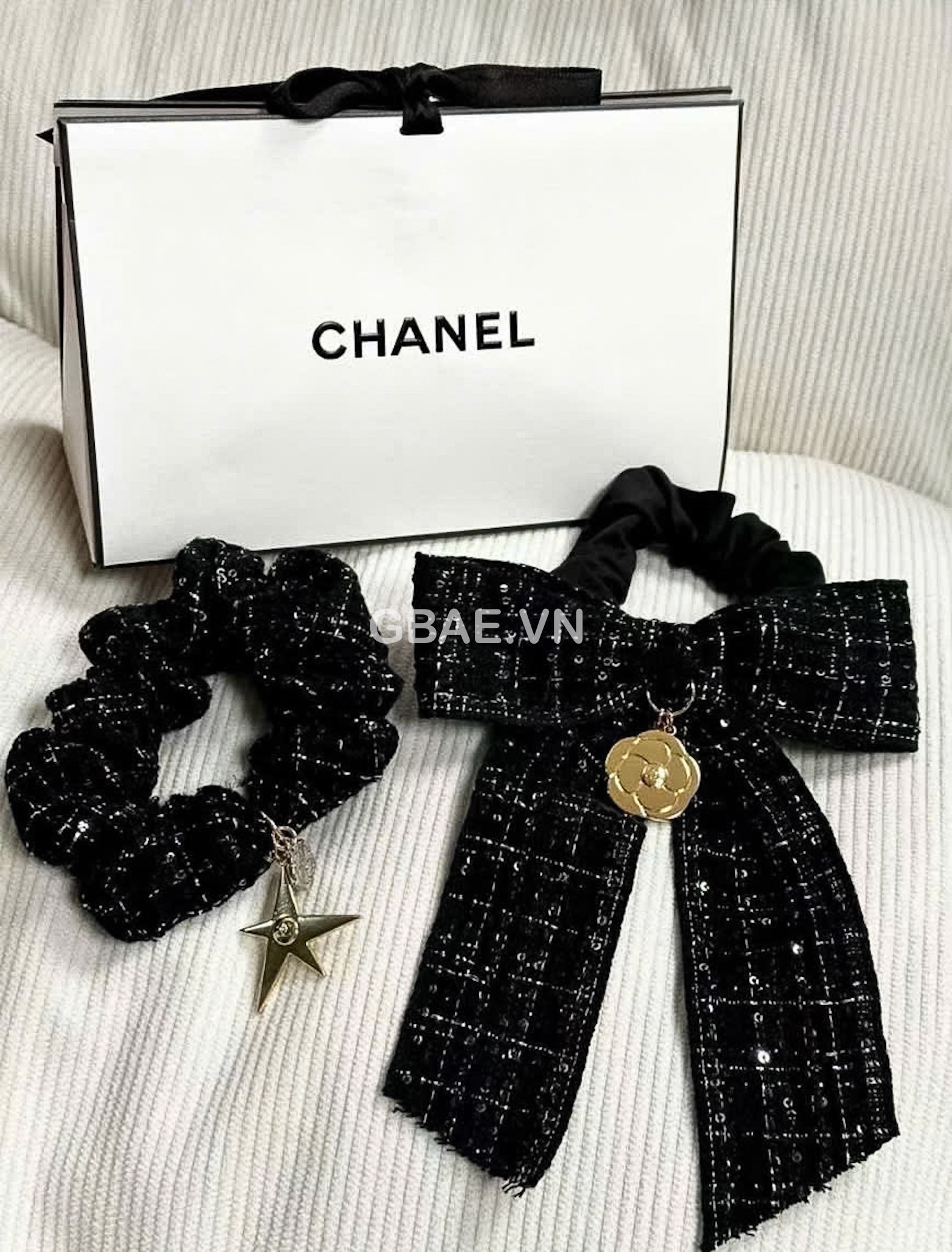 Set Cột Tóc Gift CHANEL Tweed Xanh Hoa Trà Kèm Túi Giấy Hãng