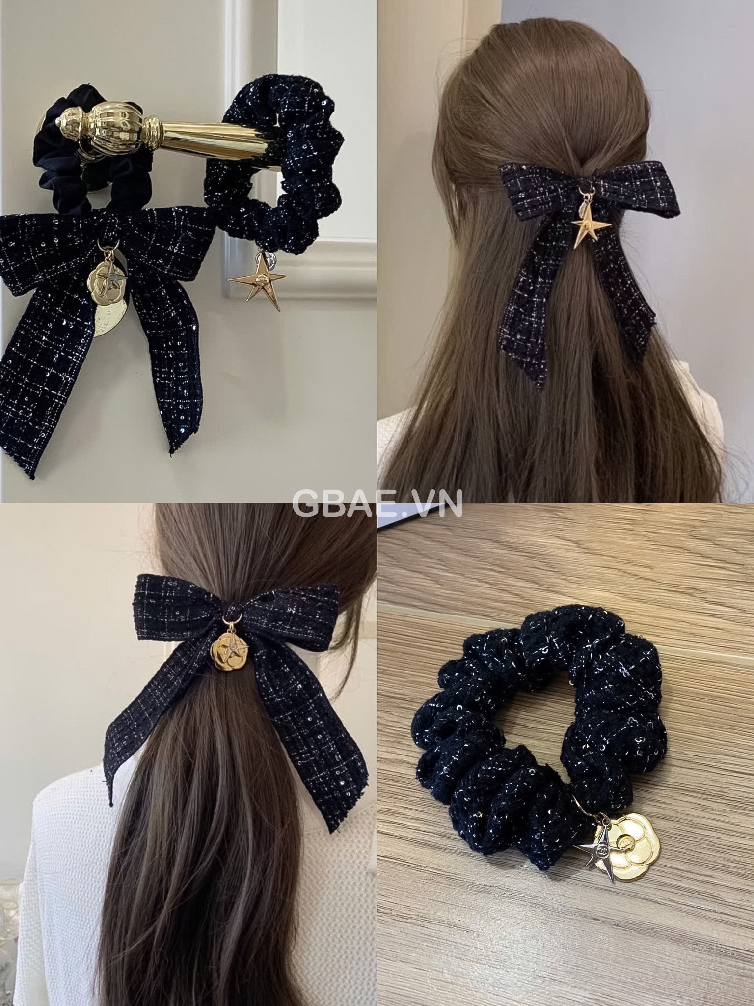 Set Cột Tóc Gift CHANEL Tweed Xanh Hoa Trà Kèm Túi Giấy Hãng