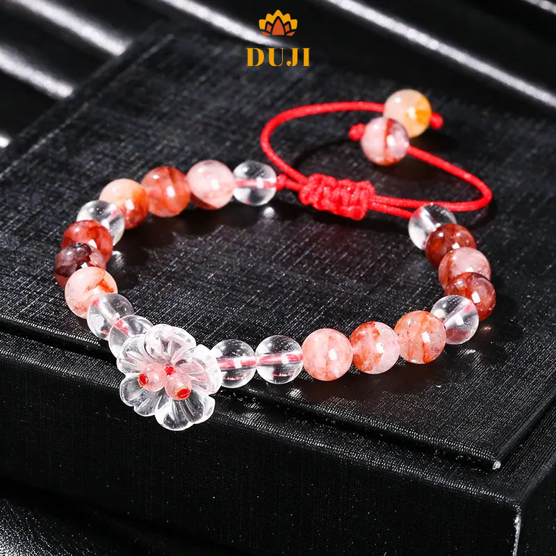 [DUJI] Vòng tay thạch anh đá hoa đỏ mix thạch anh trắng đá tự nhiên 100%