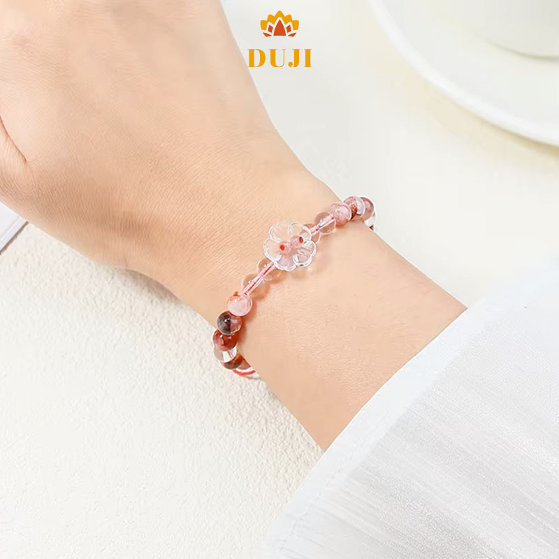 [DUJI] Vòng tay thạch anh đá hoa đỏ mix thạch anh trắng đá tự nhiên 100%